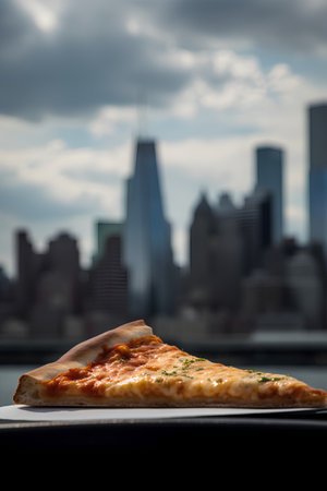 Pizza on the background of the New York City skyline. Toned.の素材
