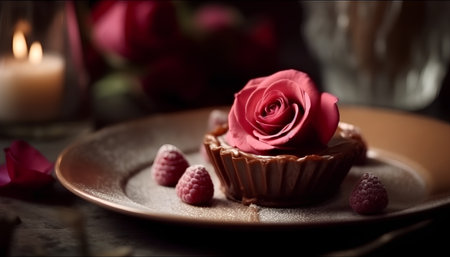 cupcake with pink rose and raspberries on a brown plateの素材