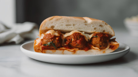 Homemade meatball sandwich with tomato sauce and parmesan cheeseの素材