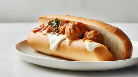 Homemade hot dog on white plate over white marble background, square imageの素材