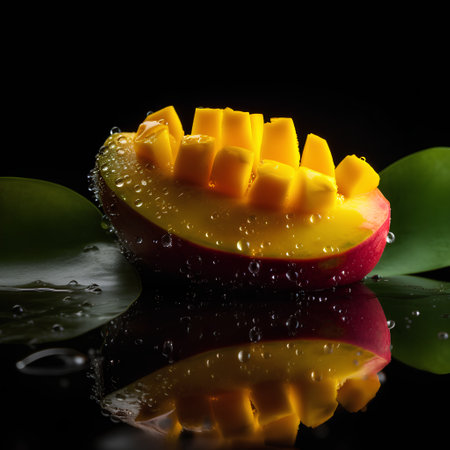 Mango fruit on a black background with water drops and leaves.の素材