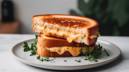 Sandwich with cheese and microgreens on a white plate.の素材