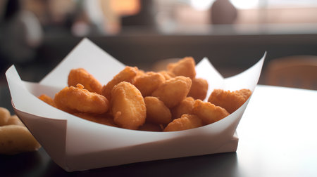 Crispy deep fried chicken nuggets in paper box on tableの素材