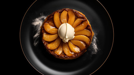 Peach tart with cream on black plate isolated on black background, top viewの素材