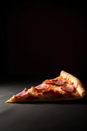 Pizza with salami on a black background with copy space.の素材
