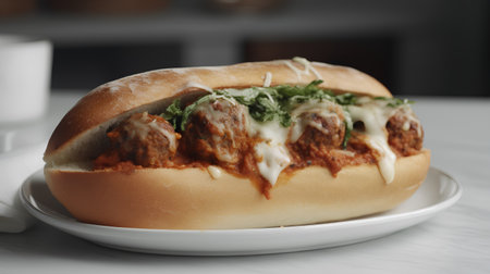 Sandwich with meatballs, cheese and vegetables on a white plateの素材
