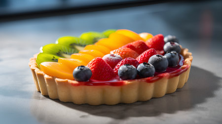 Tartlets with fresh berries and fruits on a dark background.の素材