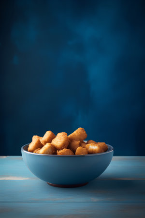 Deep fried chicken nuggets in bowl on blue wooden background. Selective focus.の素材