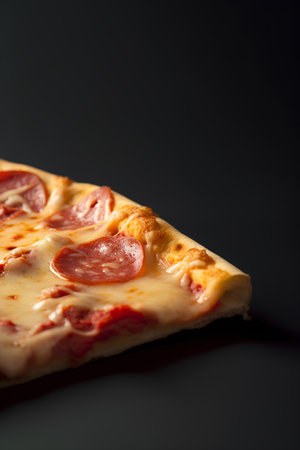 Pizza with salami and cheese on a black background. Close-up.の素材