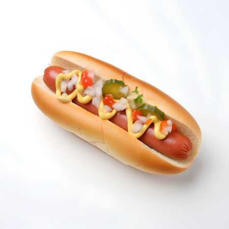 Hot dog with mustard, ketchup and mayonnaise on white backgroundの素材