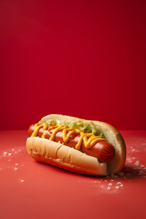 Hot dog with mustard and ketchup on red background, copy spaceの素材