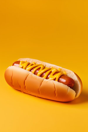 Hot dog with mustard and ketchup on yellow background. Fast food concept.の素材