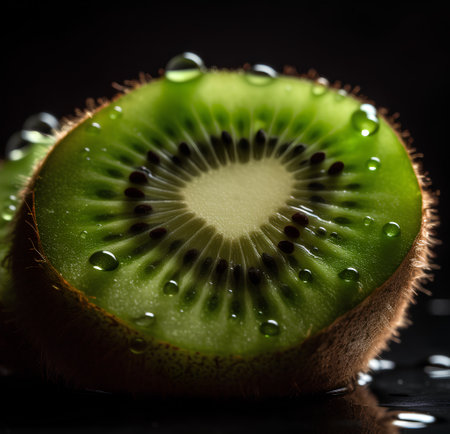 Juicy kiwi fruit with water drops on a black background.の素材