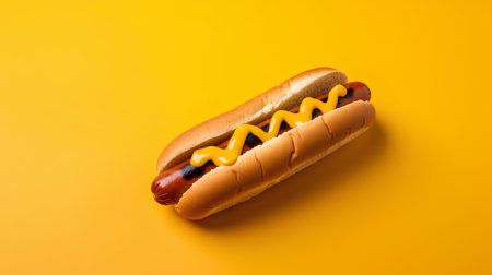 Hot dog with mustard and ketchup on yellow background, top viewの素材