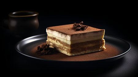 Tiramisu cake on a black plate on a dark backgroundの素材