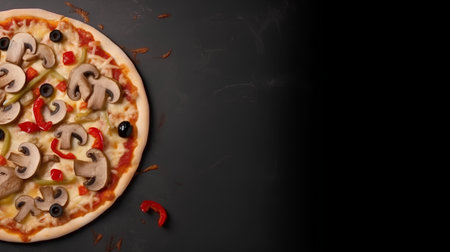Pizza with mushrooms and olives on a black background with copy spaceの素材