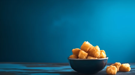 deep-fried dough stick in blue bowl on blue background with copy spaceの素材