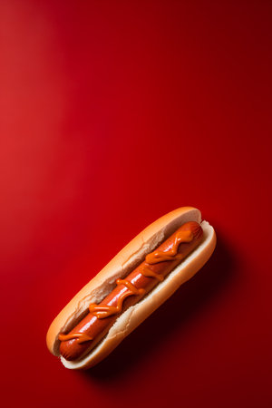 Hot dog on a red background. Top view. Copy space.の素材