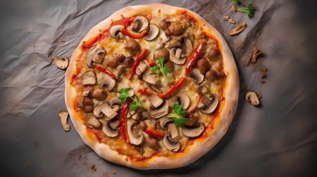 Pizza with champignons, pepper and tomato on baking paperの素材