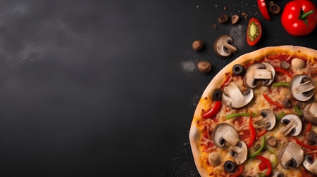 Pizza with mushrooms and vegetables on a black background, top viewの素材