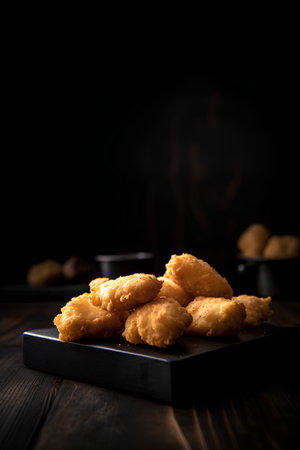 Fried chicken nuggets on black plate on wooden table, selective focusの素材