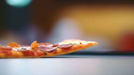 Pizza with salami on a table in a restaurant, shallow depth of fieldの素材