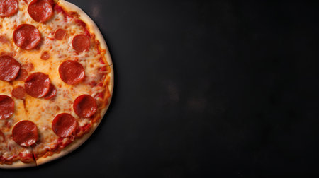 Pepperoni pizza on black background. Top view with copy spaceの素材