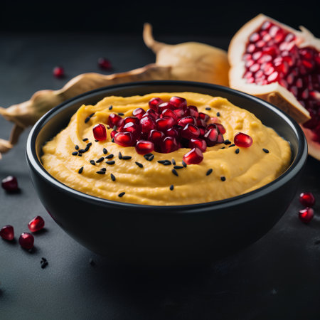 Bowl of hummus with pomegranate seeds on black backgroundの素材