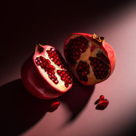Ripe pomegranate fruit on a dark background. Copy space.の素材