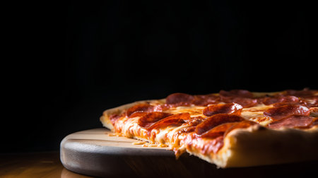Pepperoni pizza on a wooden board, black background, copy spaceの素材