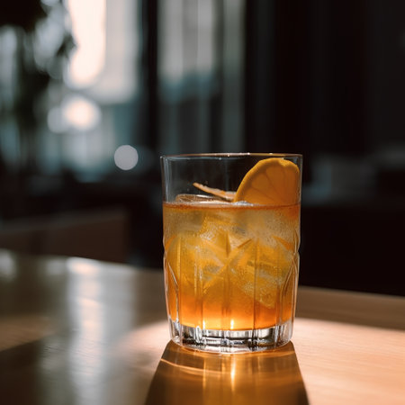 Cocktail in a glass with ice and orange on a wooden tableの素材