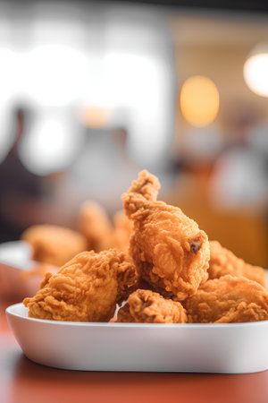 Fried chicken nuggets in white plate on table with blurred backgroundの素材