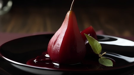 poached pears in syrup on a black plate, closeupの素材
