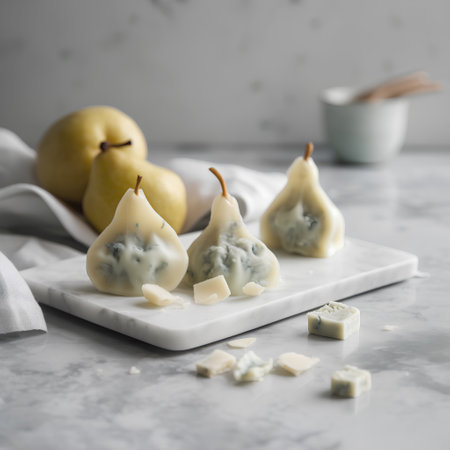 Blue cheese with pear and parmesan on a marble background.の素材