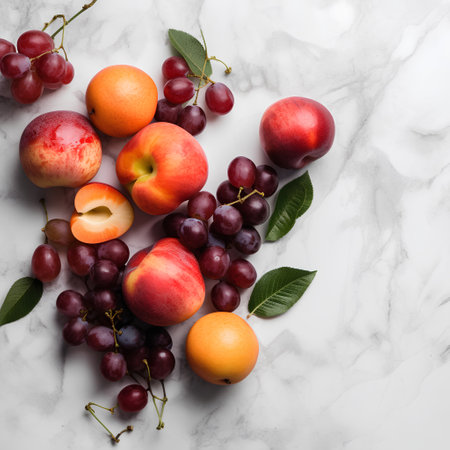 Fresh fruitsle background, top view. Healthy eating concept.の素材