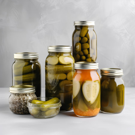 Glass jars with different kinds of pickled vegetables on a gray background.の素材