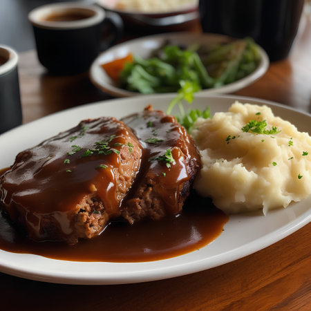 Beef stew served with mashed potatoes and gravy on a white plateの素材