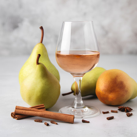 Glass of brandy with pears and cinnamon on a light backgroundの素材