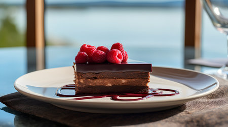 Chocolate cake with raspberries on a white plate. Selective focusの素材