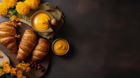 Fresh croissants and orange juice on brown background, top viewの素材