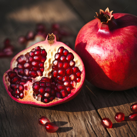 Ripe pomegranate fruit with seeds on wooden background.の素材