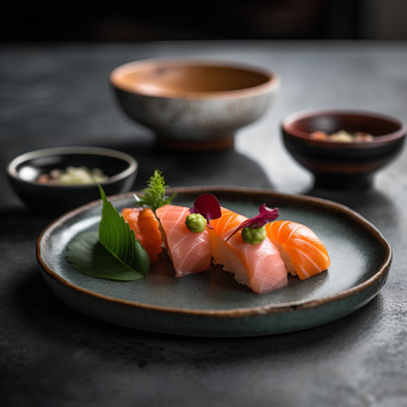 Sushi set with salmon, red caviar and cream cheese on black backgroundの素材