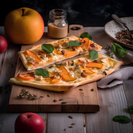 Pizza with peaches, prosciutto and cheese on wooden boardの素材