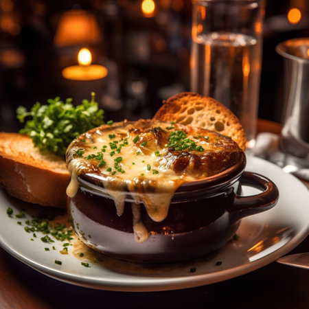 French onion soup in a pot on a wooden table in a restaurantの素材