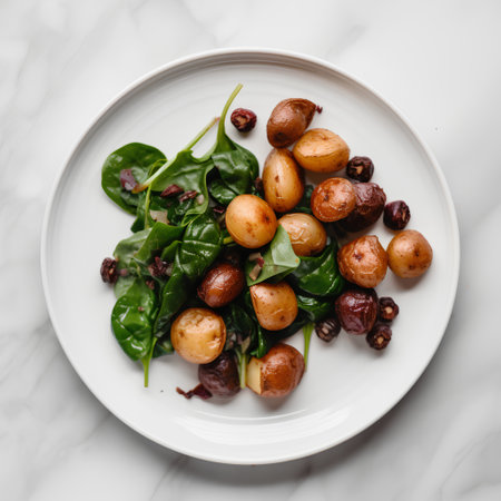 Fried potatoes with spinach and dried cranberries on a white plateの素材