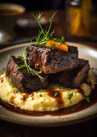 Beef tenderloin with mashed potatoes and sauce on a plateの素材