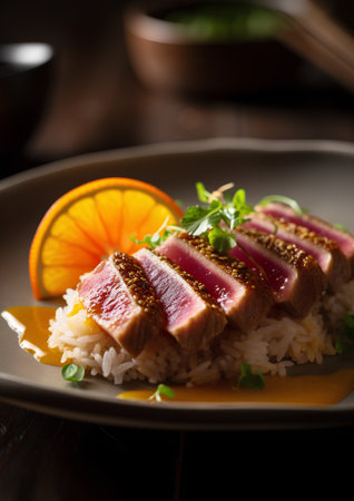 Japanese tuna salad with rice, orange and sauce on a dark backgroundの素材