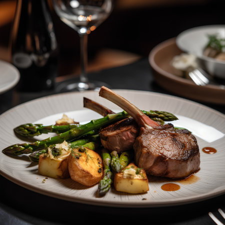Grilled lamb chop with asparagus and potatoes on a plateの素材