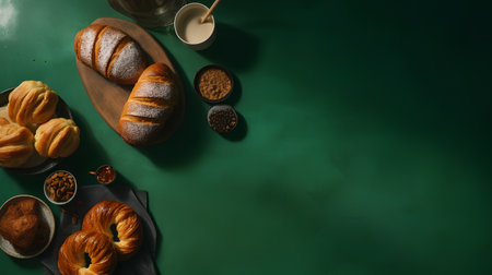 Freshly baked buns and croissants on green background. Top view.の素材