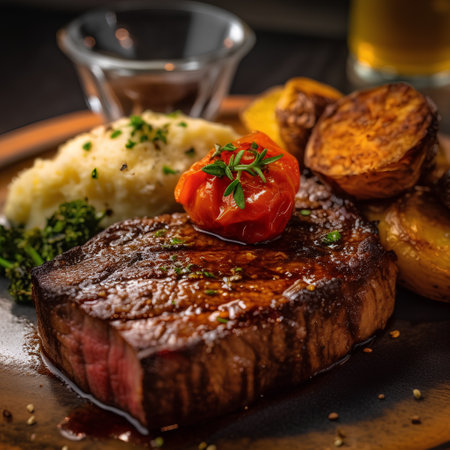 Grilled beef steak with baked potatoes and tomato sauce on a plateの素材